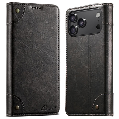 iPhone 17 Pro Max Suteni Baroque Calf Texture Buckle Wallet Leather Phone Case - Black