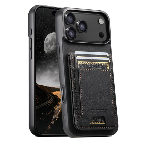 iPhone 17 Pro Max Suteni H03 Litchi Leather Card Bag Stand Back Phone Case - Black