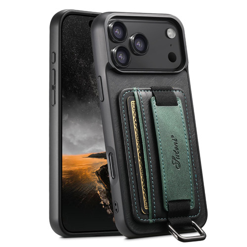 iPhone 17 Pro Max Suteni H13 Card Wallet Wrist Strap Holder PU Phone Case - Black