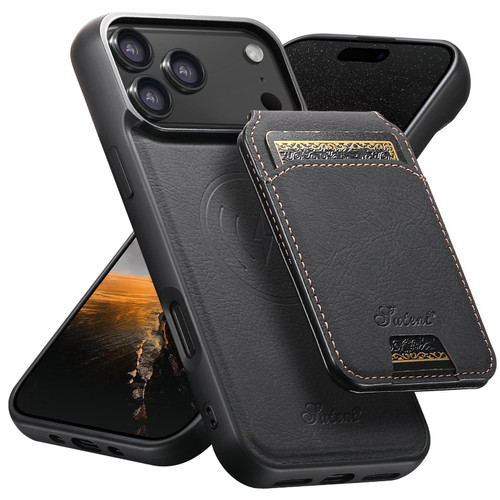 iPhone 17 Pro Max Suteni H16 Litchi Texture Leather Detachable Wallet Back Phone Case - Black