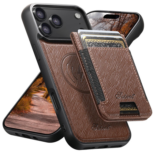 iPhone 17 Pro Max Suteni H17 Cross Grain Leather MagSafe Detachable Wallet Phone Case - Brown