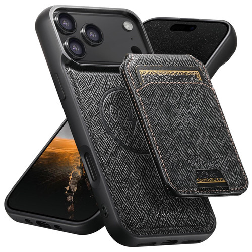 iPhone 17 Pro Max Suteni H18 Cross Grain MagSafe Wallet Leather Phone Case - Black