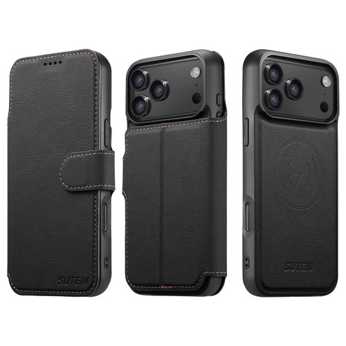 iPhone 17 Pro Max Suteni Q05 2-in-1 Multi-function MagSafe Wallet Litchi Leather Phone Case - Black