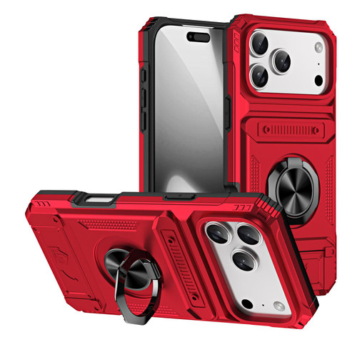 iPhone 17 Pro Max TPU+PC Shockproof Card Phone Case with Metal Ring Holder - Red