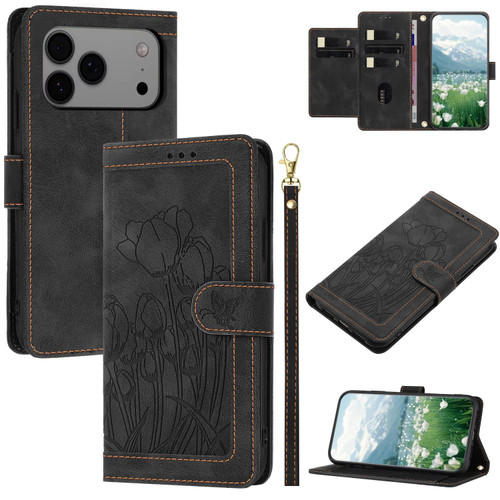 iPhone 17 Pro Max Tulips Embossed Leather Phone Case with Lanyard - Black