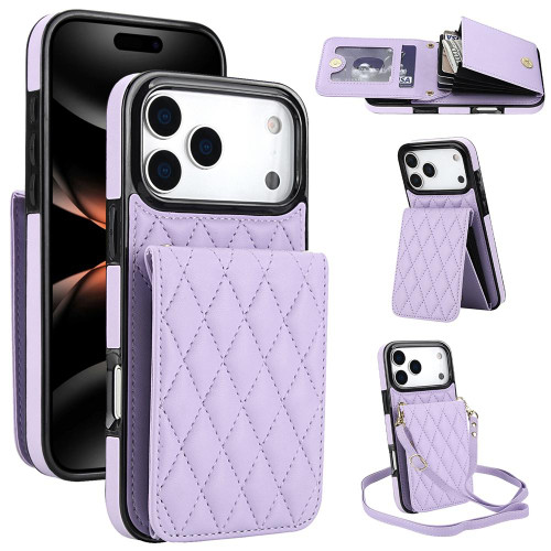 iPhone 17 Pro Max YM015 Crossbody Rhombic Card Bag RFID Phone Case - Light Purple iPhone 17 Pro Max YM015 Crossbody Rhombic Card Bag RFID Phone Case - Light Purple