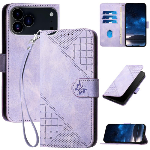iPhone 17 Pro Max YX0080 Grid Butterfly Embossed Pattern Flip Leather Phone Case with Lanyard - Light Purple iPhone 17 Pro Max YX0080 Grid Butterfly Embossed Pattern Flip Leather Phone Case with Lanyard - Light Purple