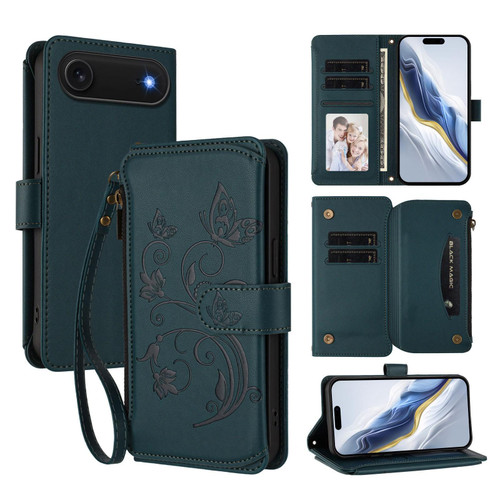 iPhone Air Butterfly Love Flower Multi-card Zipper Wallet Leather Phone Case - Dark Green