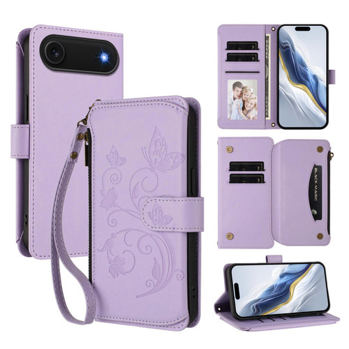 iPhone Air Butterfly Love Flower Multi-card Zipper Wallet Leather Phone Case - Light Purple