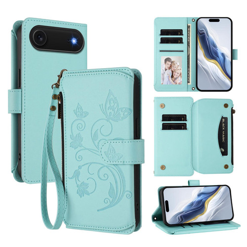 iPhone Air Butterfly Love Flower Multi-card Zipper Wallet Leather Phone Case - Mint Green