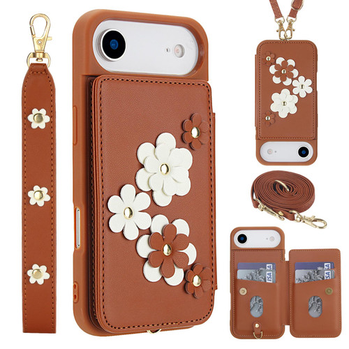 iPhone 17 Crossbody Flower Pattern Leather Phone Case - Brown