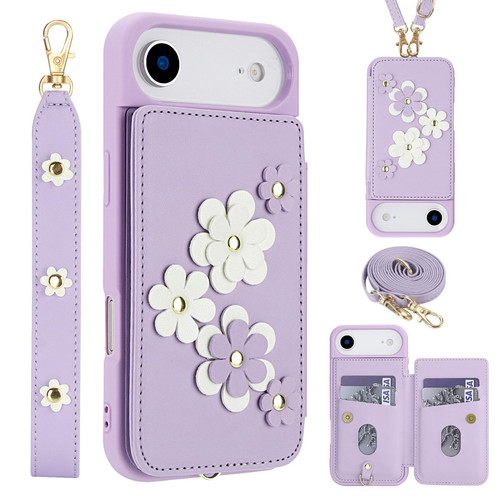 iPhone Air Crossbody Flower Pattern Leather Phone Case - Purple