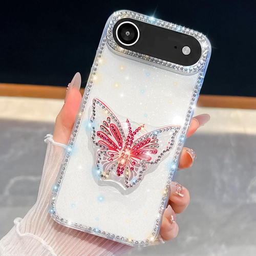 iPhone Air Diamond Glitter Butterfly Holder Phone Case - White
