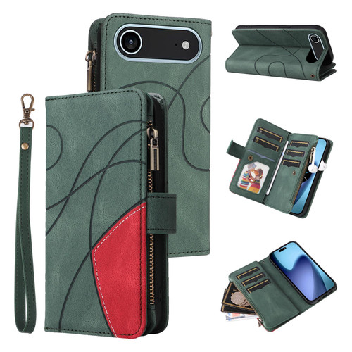 iPhone Air Dual-color 9 Card Slots Zipper Wallet Leather Phone Case - Green