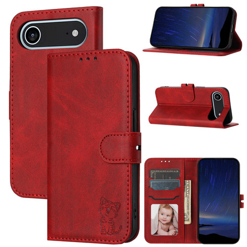 iPhone Air Embossed Happy Cat Pattern Flip Leather Phone Case - Red