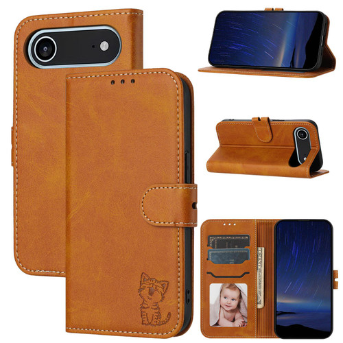 iPhone Air Embossed Happy Cat Pattern Flip Leather Phone Case - Yellow