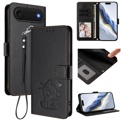 iPhone Air Embossed Heart Cat Leather Phone Case with Hand Strap - Black