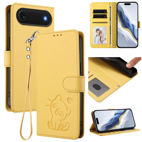 iPhone Air Embossed Heart Cat Leather Phone Case with Hand Strap - Yellow
