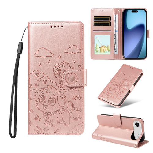 iPhone Air Embossed Heart Dog RFID Blocking Wallet Leather Phone Case - Rose Gold