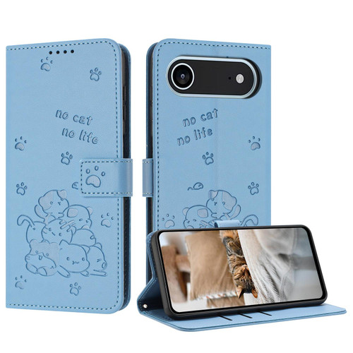 iPhone Air Embossed Kitten Phone Leather Case with Lanyard - Blue