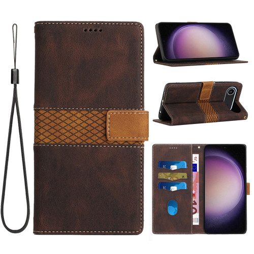 iPhone Air Grid Stitching Leather Phone Case with Lanyard - Brown