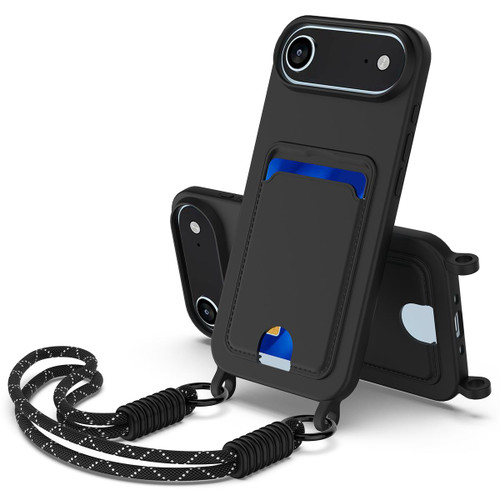 iPhone Air Integrated Card Bag Solid Color Liquid Silicone Phone Case Gen2 with Short Lanyard - Black