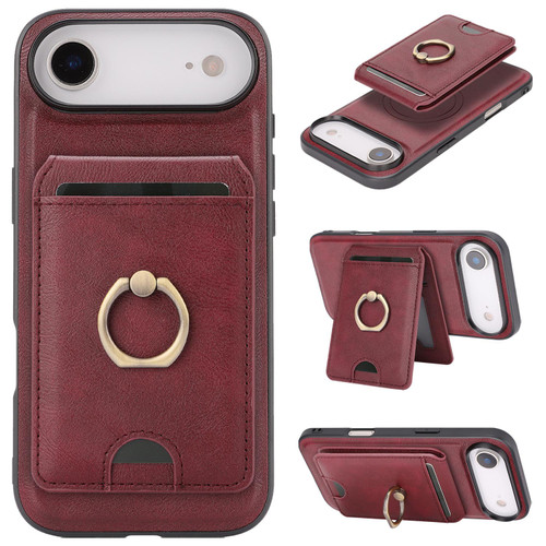 iPhone Air Kalebol Strong MagSafe Ring Magnetic Card Bag Holder Leather Phone Case - Red