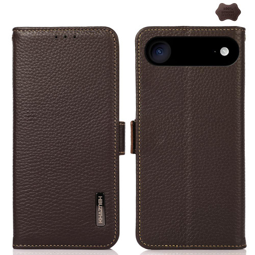 iPhone Air KHAZNEH Side-Magnetic Litchi Genuine Leather RFID Case - Brown