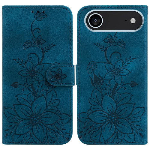 iPhone Air Lily Embossed Leather Phone Case - Dark Blue
