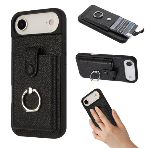 iPhone Air Litchi Texture Drawing Card Sof bag Ring Holder Phone Case - Black