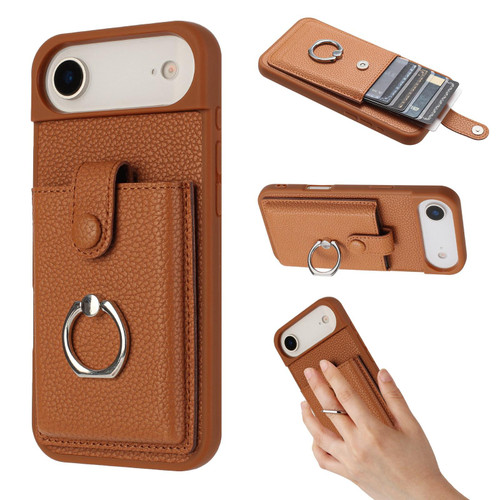 iPhone Air Litchi Texture Drawing Card Sof bag Ring Holder Phone Case - Brown