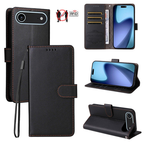 iPhone Air Litchi Texture RFID Blocking 3-Card Wallet Leather Phone Case - Black