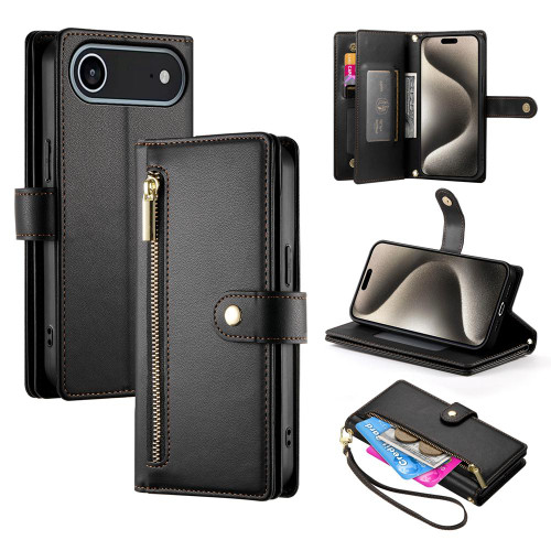 iPhone Air Nine Card-slot Zipper Wallet Bag Leather Phone Case - Black
