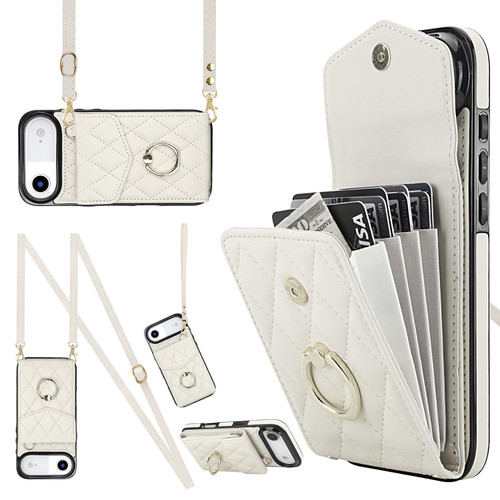 iPhone Air Rhombic Texture Card Bag Phone Case with Long Lanyard - White
