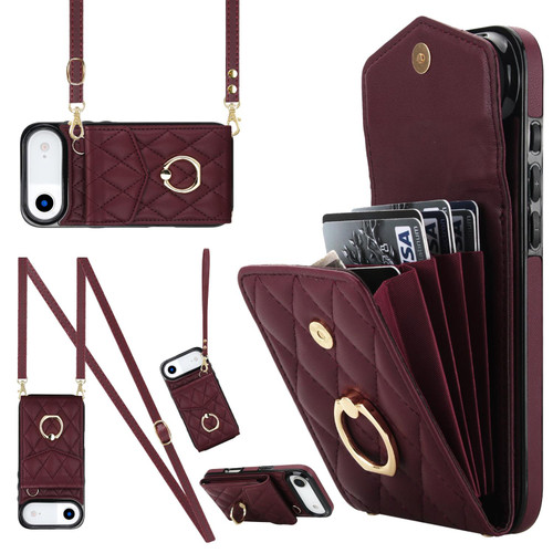 iPhone Air Rhombic Texture Card Bag Phone Case with Long Lanyard - Wine Red