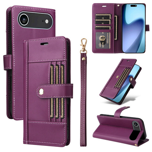 iPhone Air Six Card Slots Buckle Leather Phone Case with Lanyard - Purple