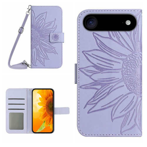 iPhone Air Skin Feel Sun Flower Embossed Flip Leather Phone Case with Lanyard - Purple