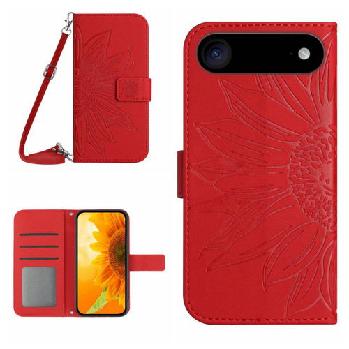 iPhone Air Skin Feel Sun Flower Embossed Flip Leather Phone Case with Lanyard - Red