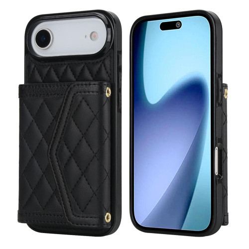 iPhone Air Splicing Rhombic Texture Card Bag Phone Case with Long Lanyard - Black iPhone Air Splicing Rhombic Texture Card Bag Phone Case with Long Lanyard - Black