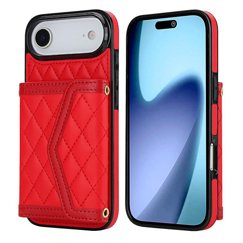 iPhone Air Splicing Rhombic Texture Card Bag Phone Case with Long Lanyard - Red