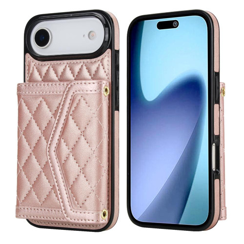 iPhone Air Splicing Rhombic Texture Card Bag Phone Case with Long Lanyard - Rose Gold iPhone Air Splicing Rhombic Texture Card Bag Phone Case with Long Lanyard - Rose Gold