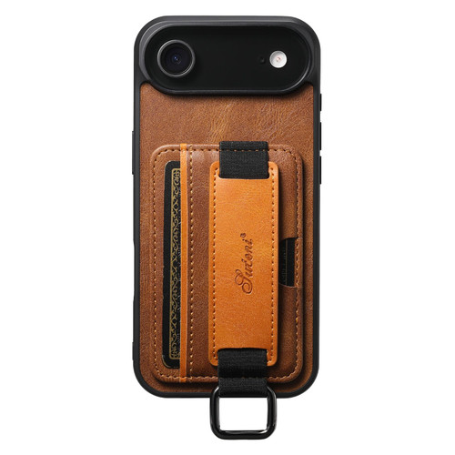 iPhone Air Suteni H13 Card Wallet Wrist Strap Holder PU Phone Case - Brown