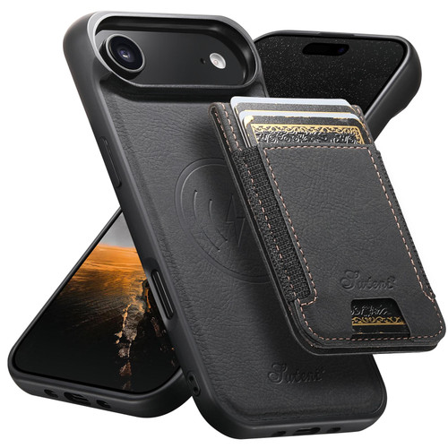 iPhone Air Suteni H17 Litchi Texture Leather MagSafe Detachable Wallet Phone Case - Black