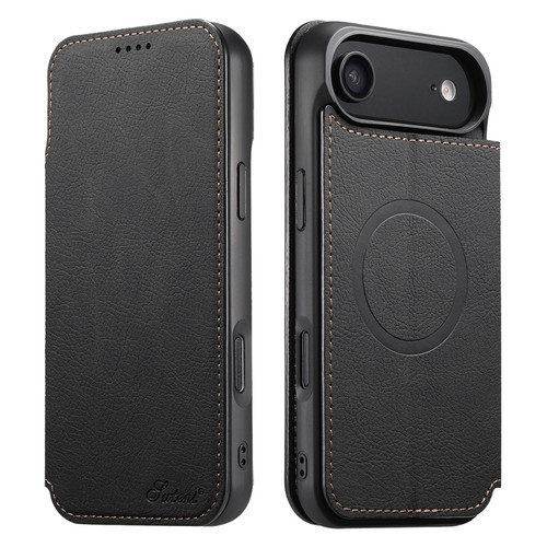 iPhone Air Suteni J06 Retro Matte Litchi Texture Leather MagSafe Phone Case - Black