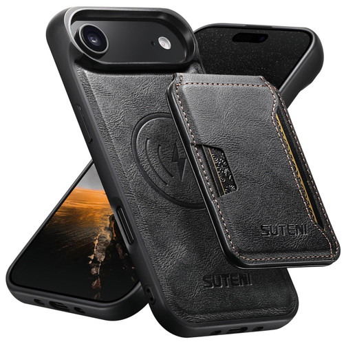 iPhone Air Suteni M3 Card Bag MagSafe Cowhide Texture Leather Phone Case - Black