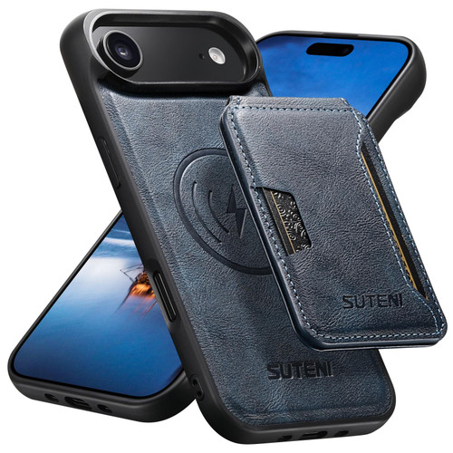 iPhone Air Suteni M3 Card Bag MagSafe Cowhide Texture Leather Phone Case - Blue