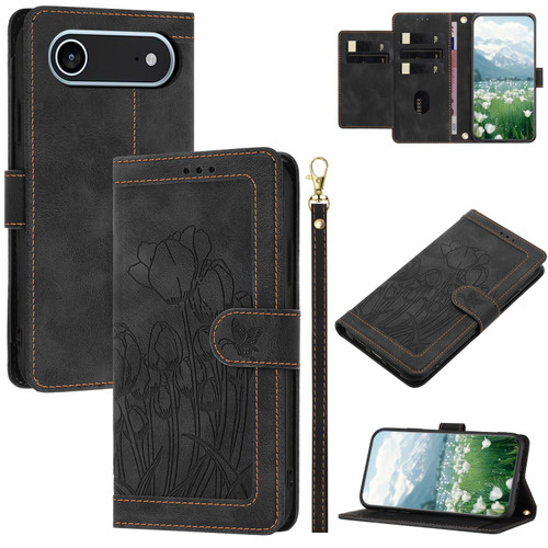 iPhone Air Tulips Embossed Leather Phone Case with Lanyard - Black