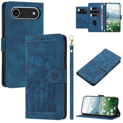iPhone Air Tulips Embossed Leather Phone Case with Lanyard - Blue