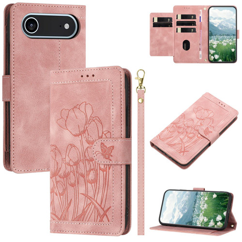 iPhone Air Tulips Embossed Leather Phone Case with Lanyard - Pink
