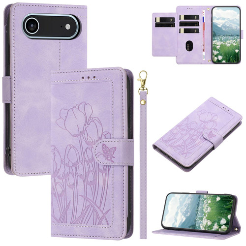 iPhone Air Tulips Embossed Leather Phone Case with Lanyard - Purple
